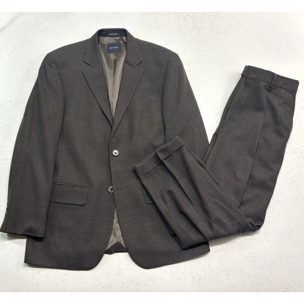Nautica 38S 32x28 Brown Birdseye 2pc Pant Suit 100% Wool Pleated High Waisted